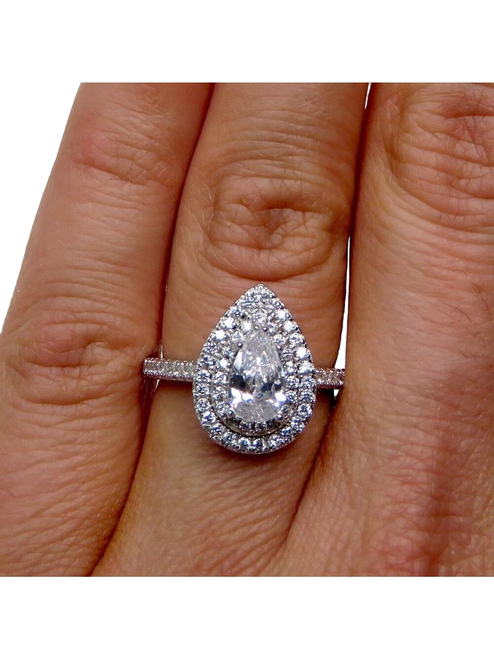 Macy's Silver-Tone Pear Halo Engagement Ring with Clear Stones